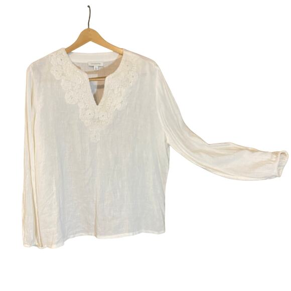 Calligraphie Linen Blend Embroidered Peasant Blouse in Ivory Size Large boho - Picture 1 of 7